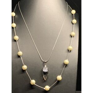 Silver Tone Layered Necklace Set Faux Pearl Station & CZ Solitaire Pendant